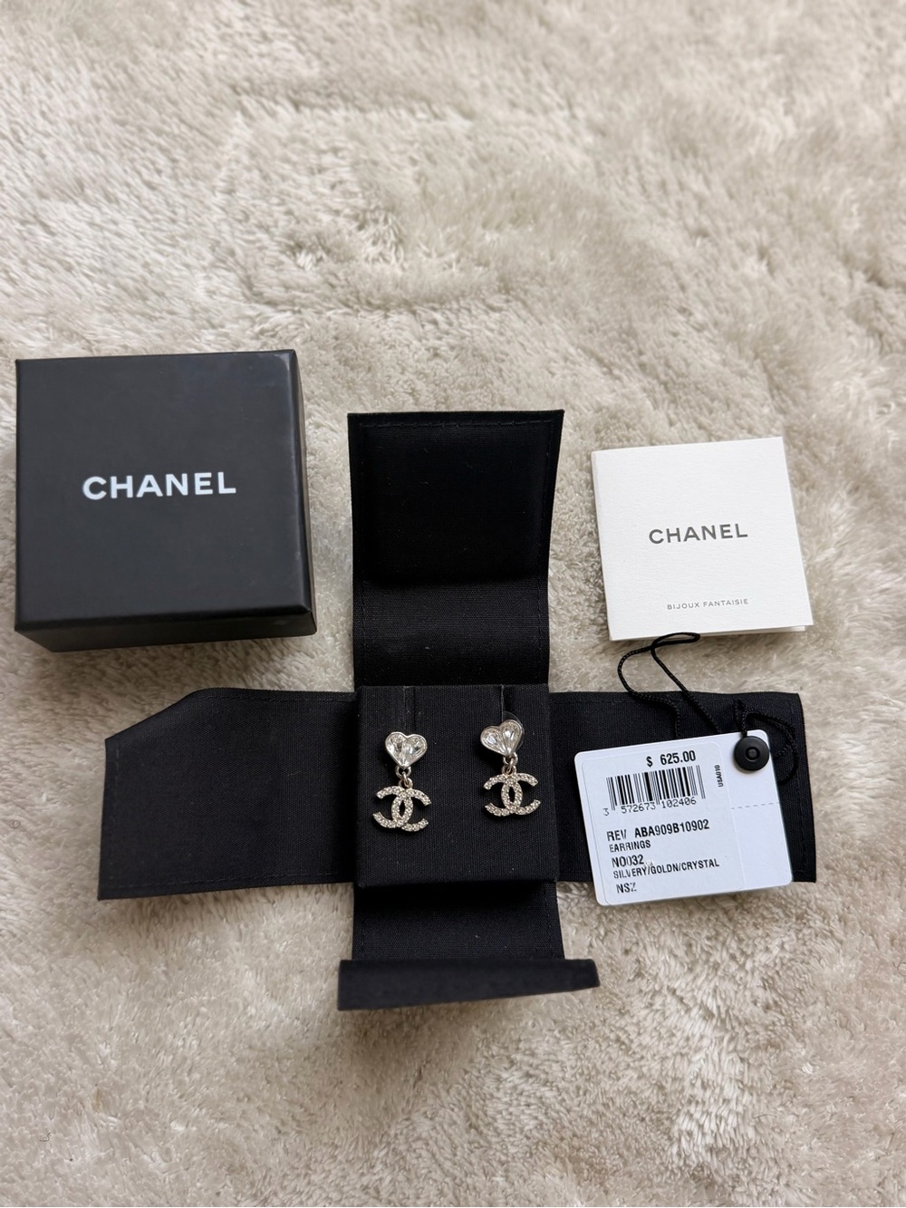 CHANEL Silver Crystal CC Heart Drop Earrings
